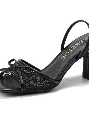 Kitten Heels for Women Square Toe Mesh Sandals Bow Knots Heels Open Toe Sandals
